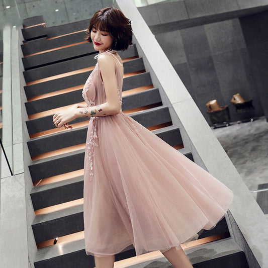 Pink v neck tulle lace short prom dress, evening dress  7987