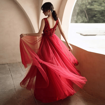 Burgundy tulle lace prom dress evening dress  8278