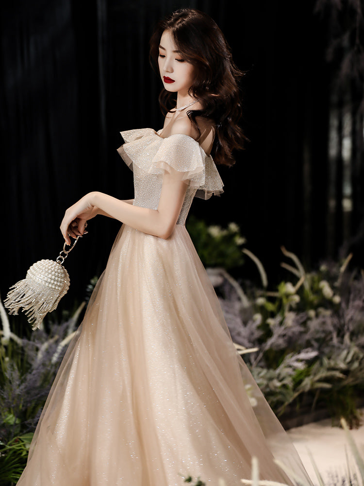 Sparkling champagne tulle sequins prom dress  8276