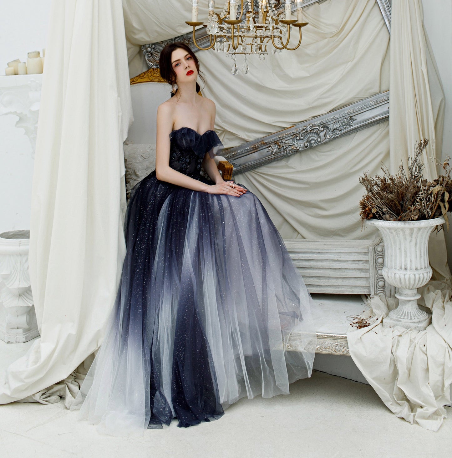 A line strapless tulle long prom dress formal dress  8224