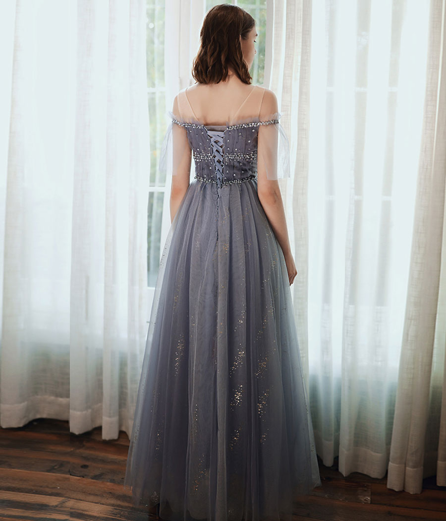 A line tulle sequins long prom dress  8341