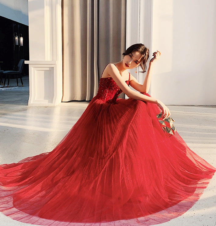 Cute sweetheart neck tulle beads long prom dress, formal dress  7965