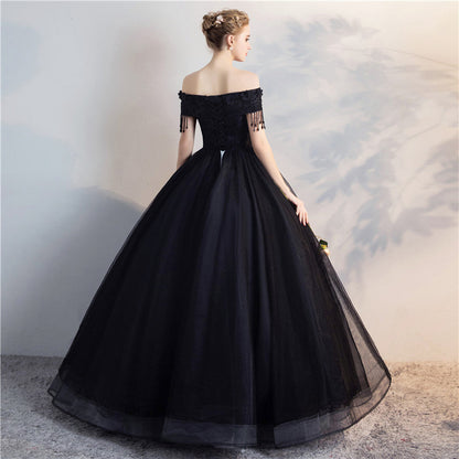 Black tulle lace long prom gown, cheap evening dress  8137