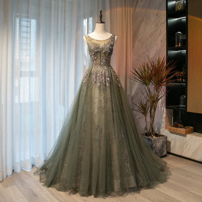 A Line Round Neck Sequins Tulle Long Prom Dress Evening Dress SH1718