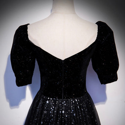 Black tulle long prom dress A line evening gown  10105