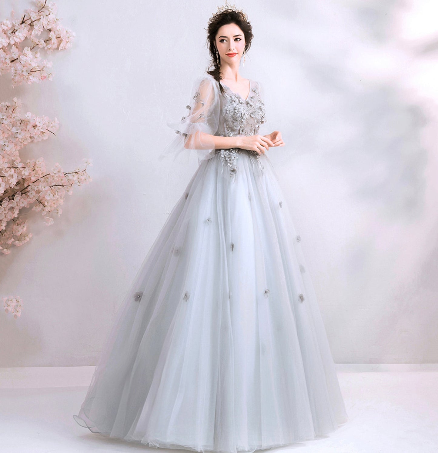 Gray tulle applique long prom dress evening gown  10100
