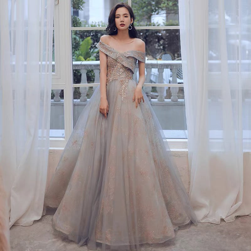 Cute tulle sequins long prom dress A line evening gown  10124