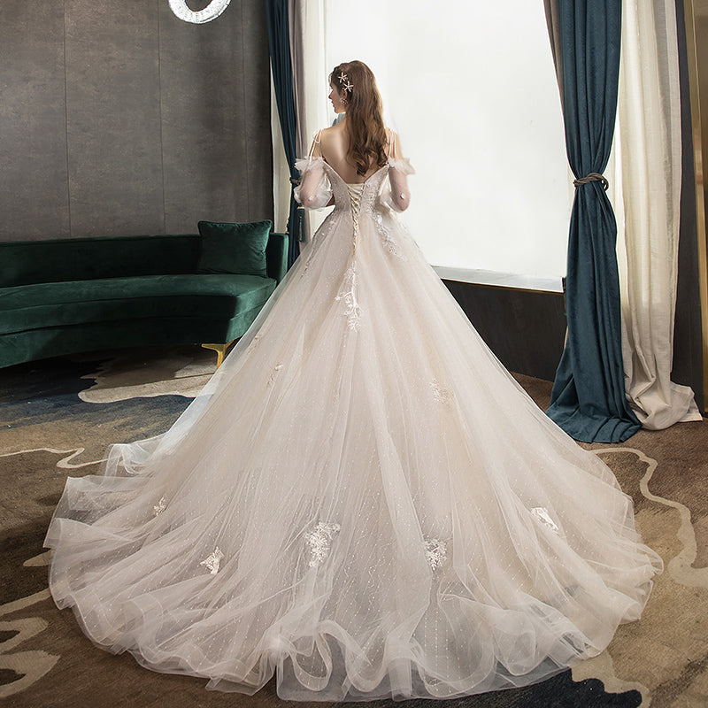 White tulle lace long prom gown A line evening gown  10117