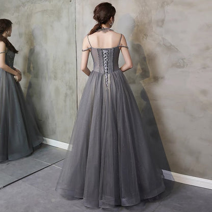 Gray tulle beads long prom gown A line evening gown  10111