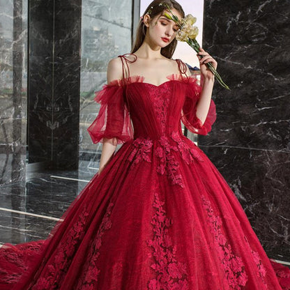 Burgundy lace long A line ball gown dress formal dress  10099