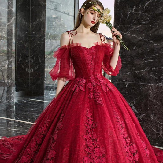 Burgundy lace long A line ball gown dress formal dress  10099