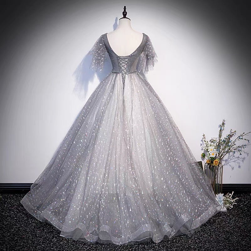 Gray tulle sequins long prom dress A line evening gown  10103