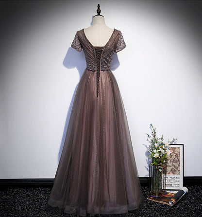 Shiny tulle beads long prom dress A line evening gown  10108