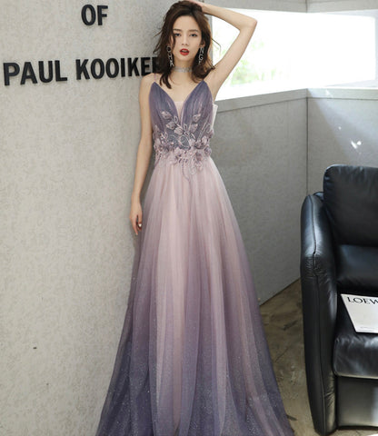 Purple tulle long A line prom dress purple evening dress  8926
