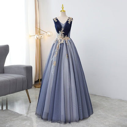 Blue v neck sequins long ball gown dress formal dress  8913