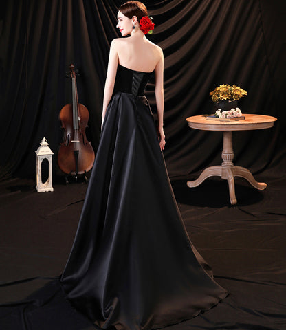 Black satin long A line prom dress black evening dress  8932