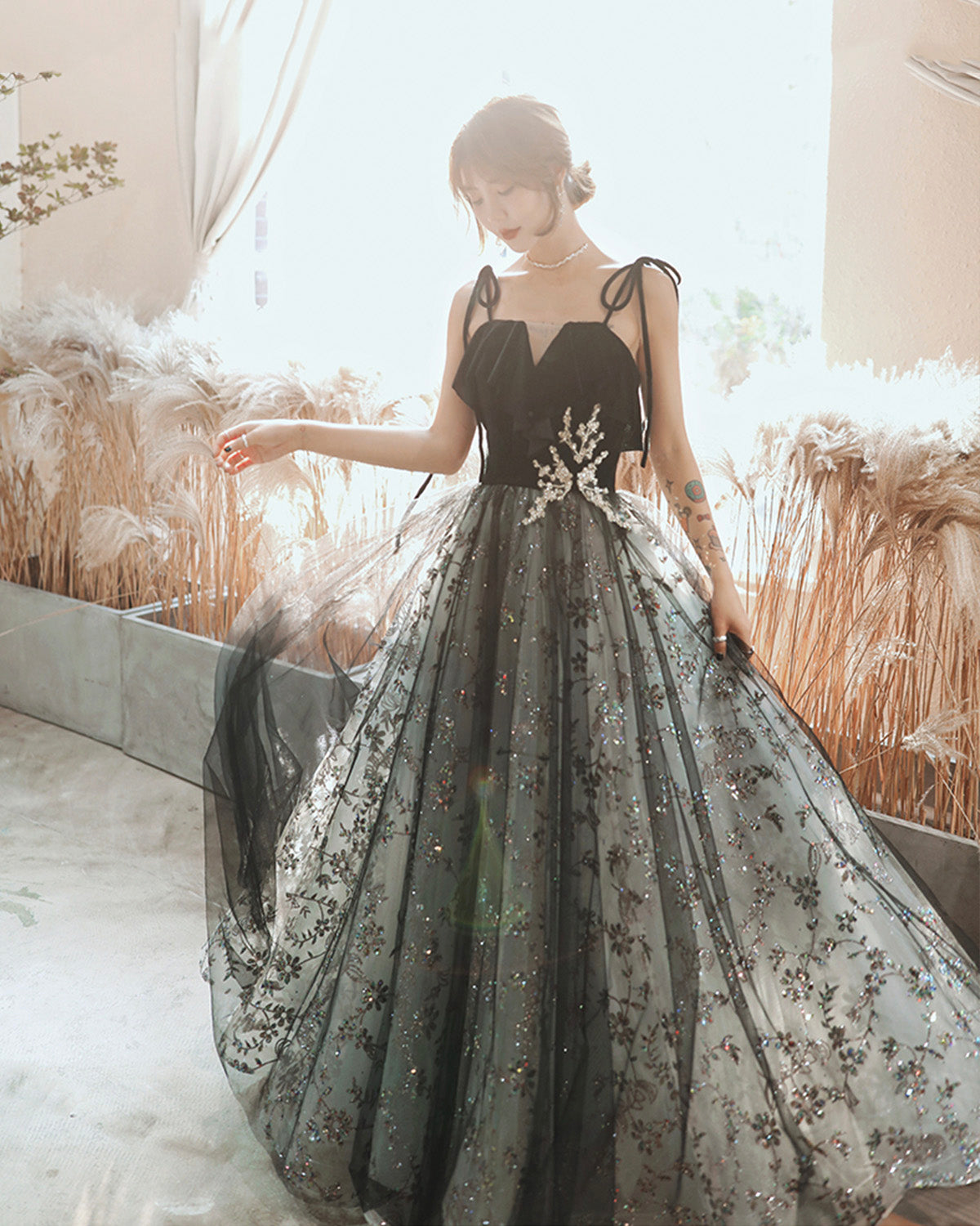 Black tulle sequins long prom dress black evening dress  8901