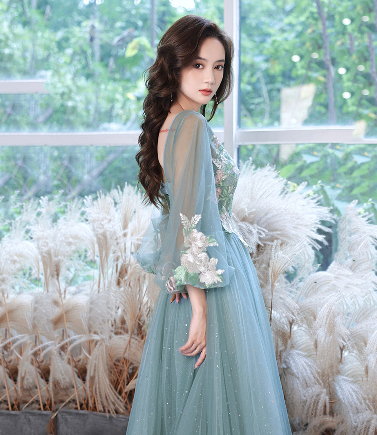 Blue tulle lace long prom gown evening gown  8942