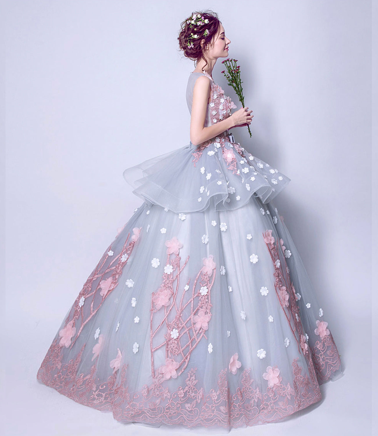 Blue tulle applique long ball gown dress formal dress  8922