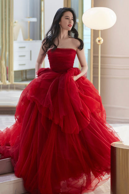 Red tulle long A line prom dress red evening dress  8902