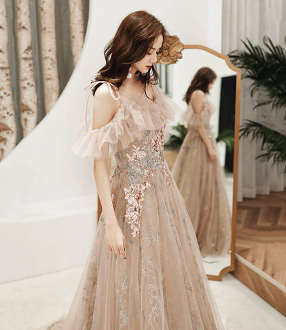 Cute tulle sequins long A line prom dress evening dress  8919