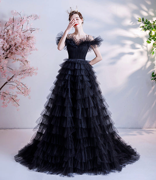 Black tulle long A line prom dress black evening dress  8924