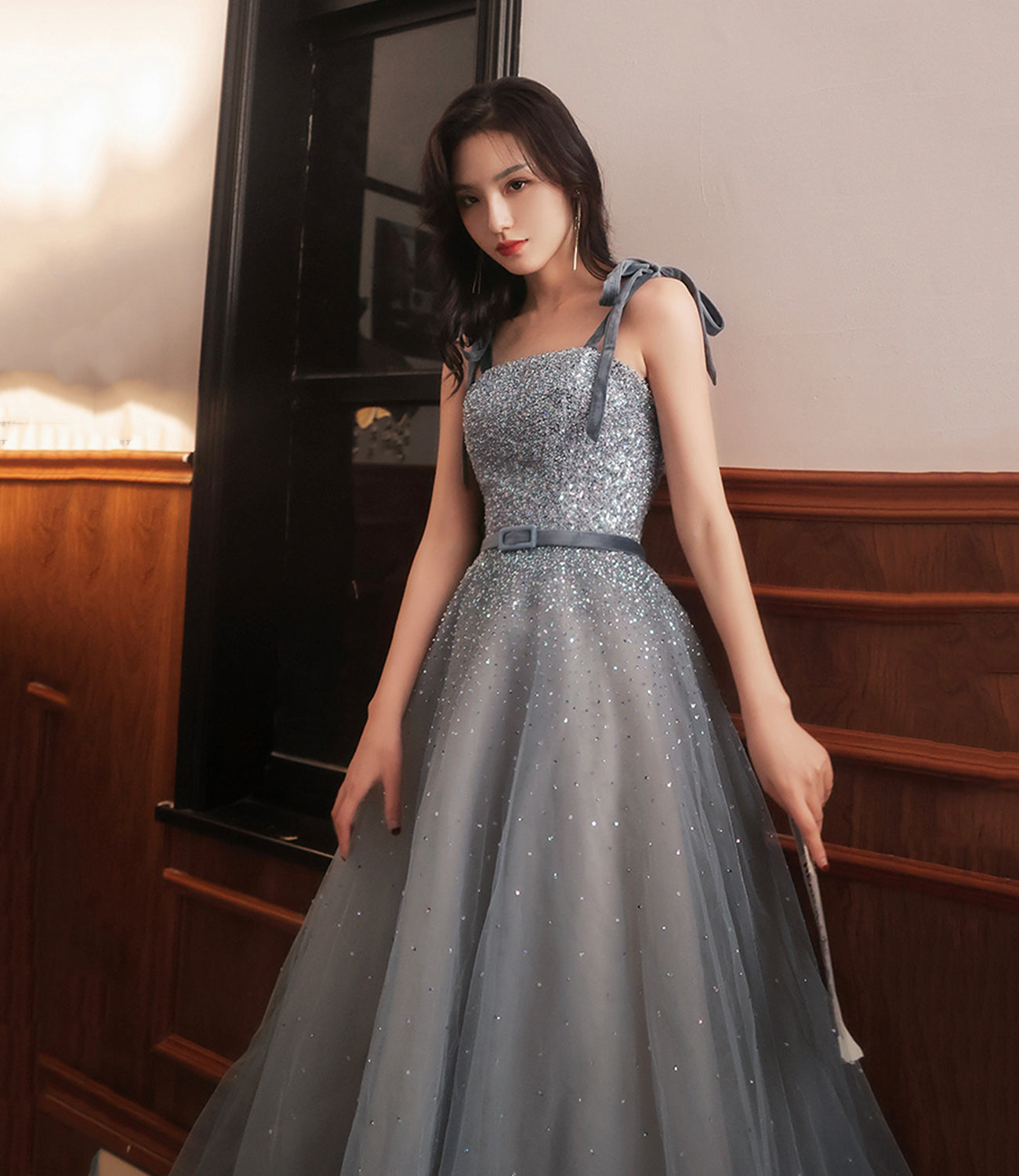Gray tulle sequins long prom dress A line evening dress  8889