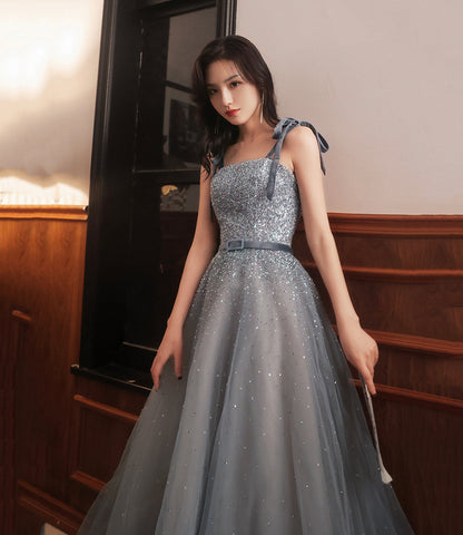 Gray tulle sequins long prom dress A line evening dress  8889