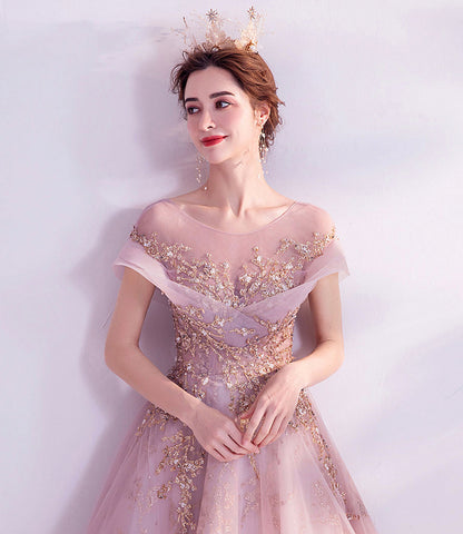 Pink tulle sequins long A line prom dress evening dress  8921