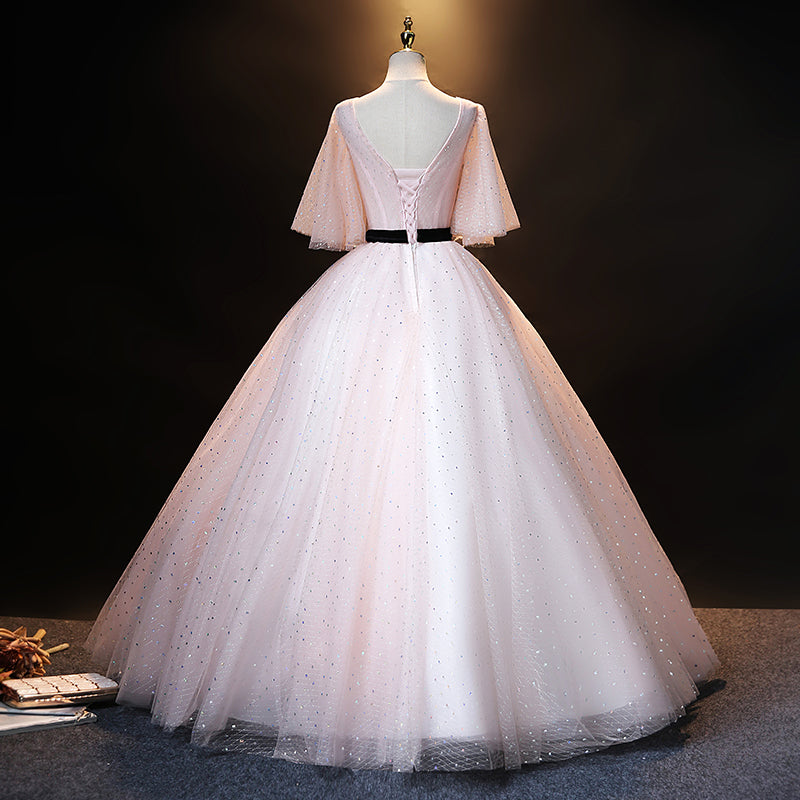 Pink tulle lace long ball gown dress formal dress  8908