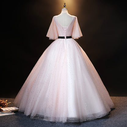 Pink tulle lace long ball gown dress formal dress  8908