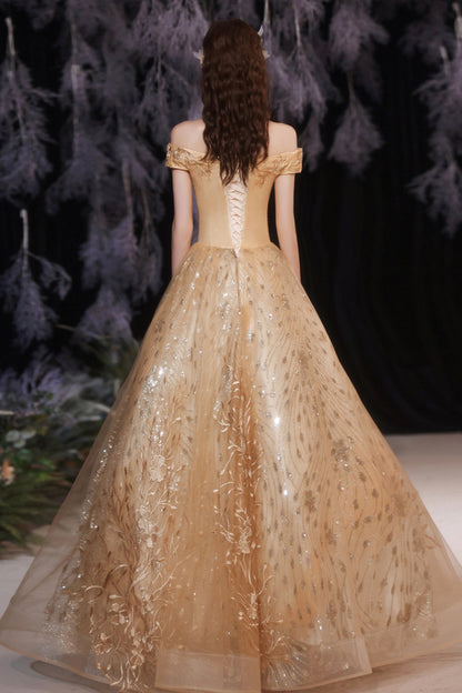 Gold tulle sequins long A line prom dress evening dress  8861
