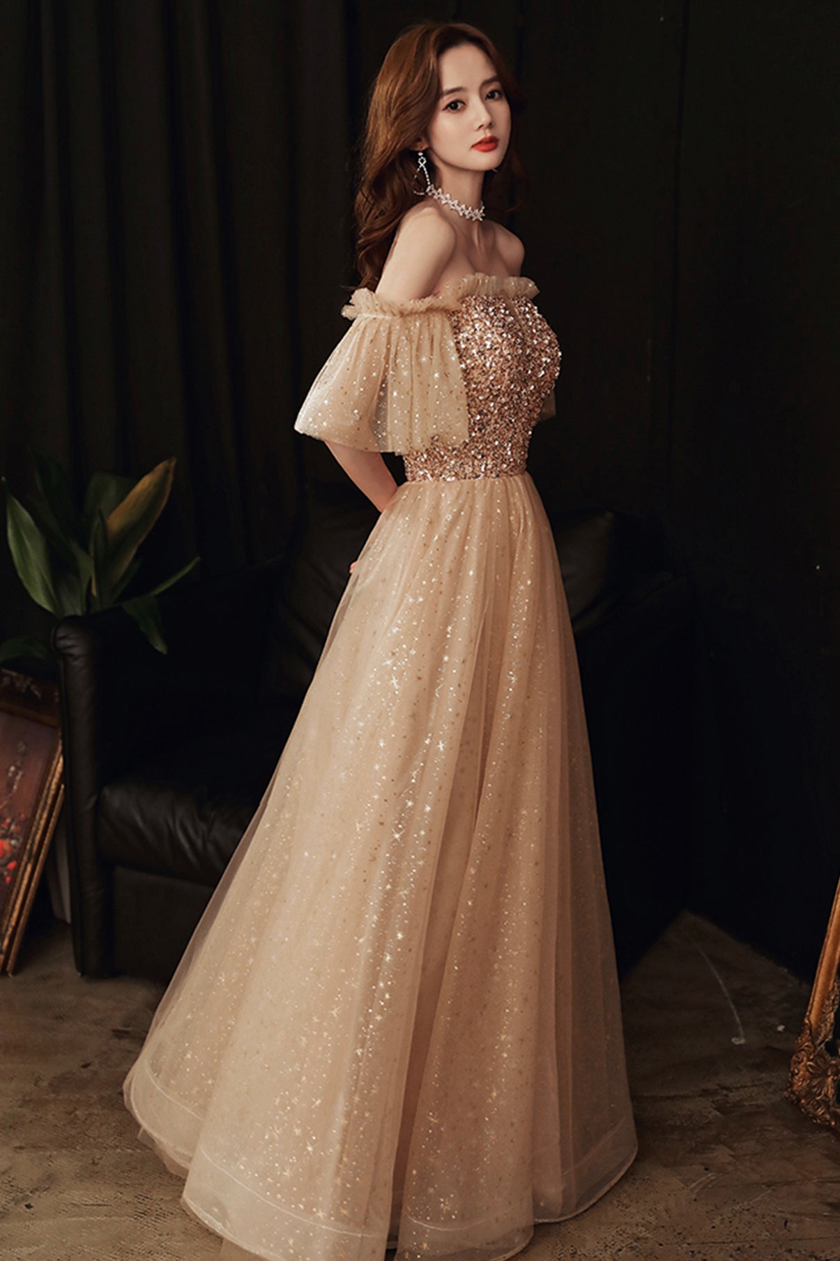 Gold sequins long A line prom dress evening dress  8859