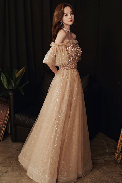 Gold sequins long A line prom dress evening dress  8859