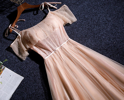 Pink tulle sequins long prom dress  8348