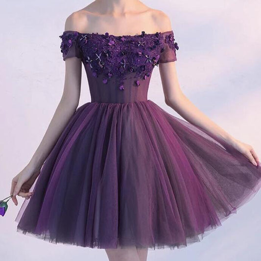Beautiful Purple Off Shoulder Homecoming Dress, Short Prom Dress KS5825