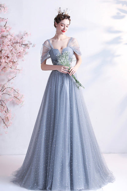 Gray tulle long A line prom dress gray evening dress  8770
