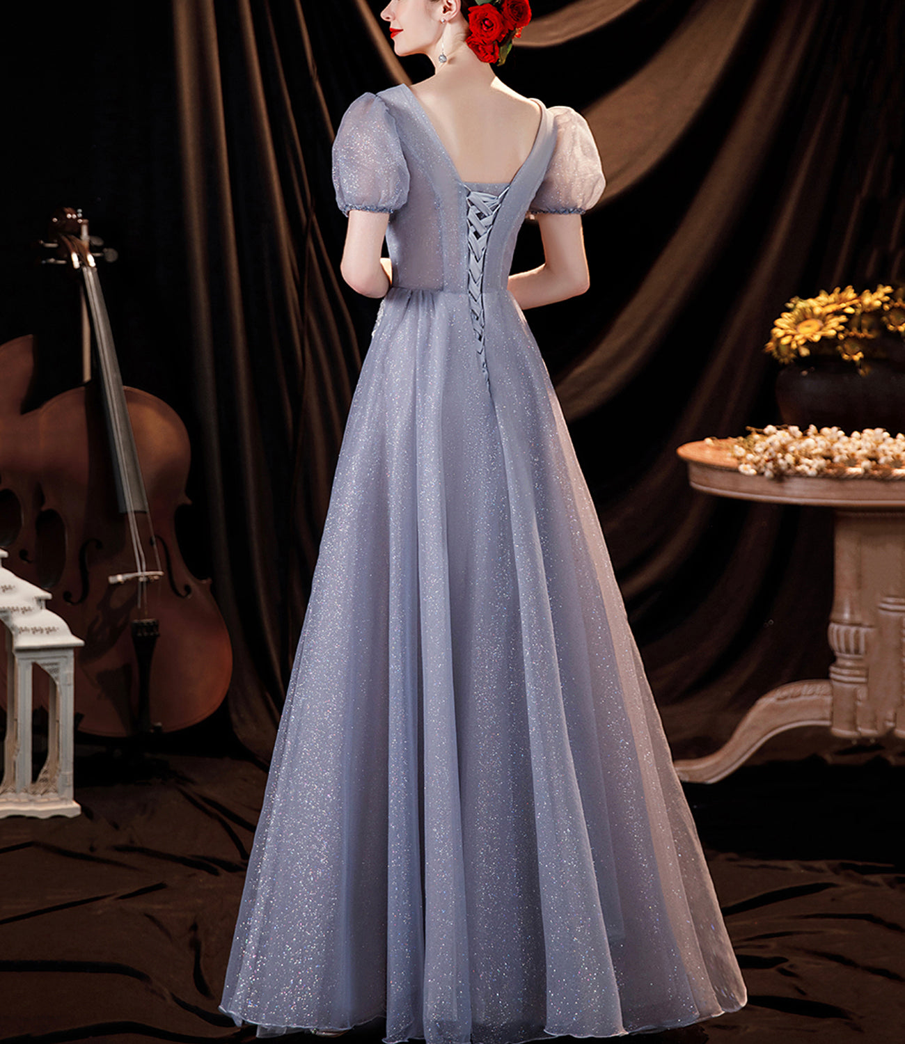 Gray tulle sequins long A line prom dress evening dress  8814
