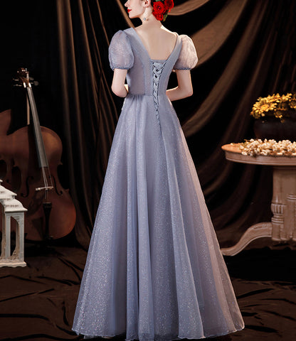 Gray tulle sequins long A line prom dress evening dress  8814