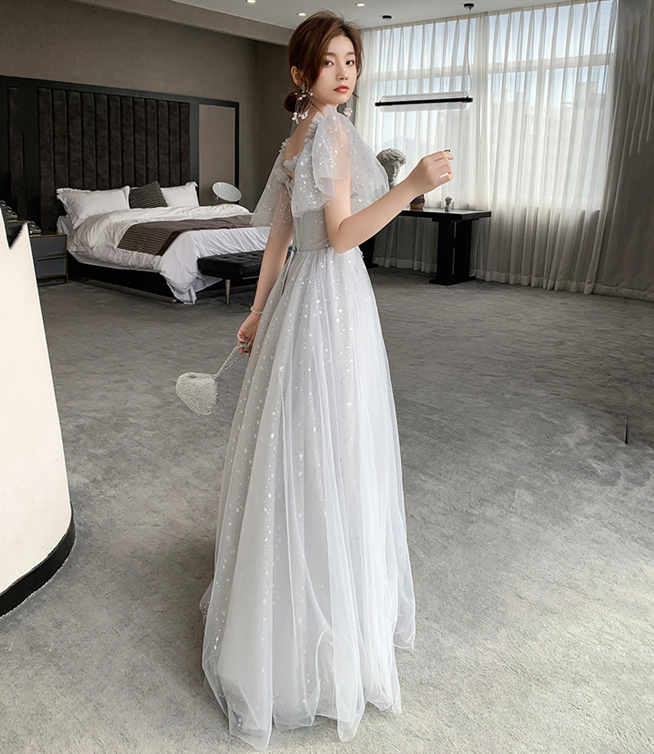Gray tulle lace long prom dress evening dress  8945
