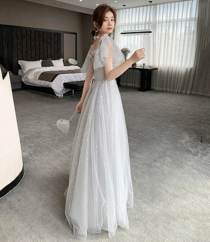 Gray tulle lace long prom dress evening dress  8945