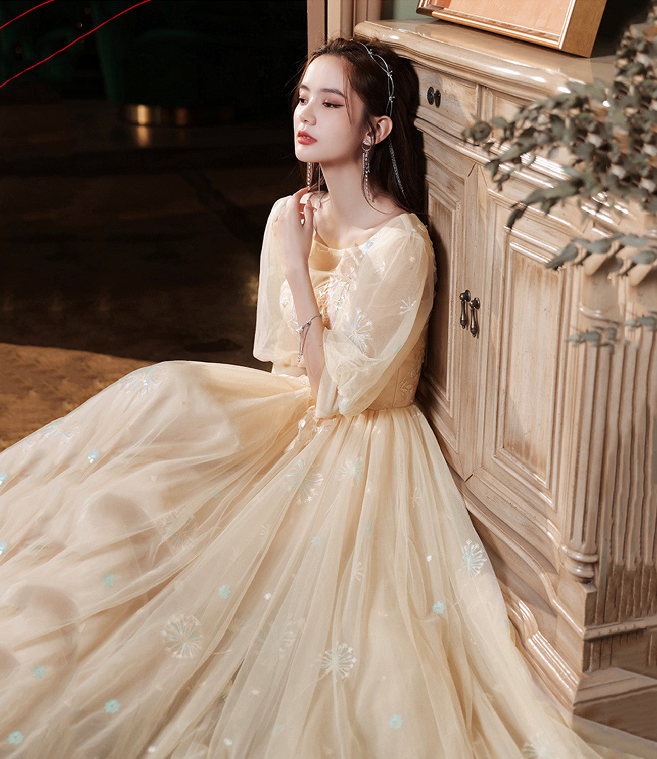 Champagne tulle lace long prom gown evening gown  8944
