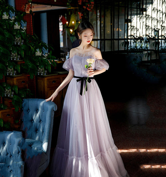 Purple tulle long A line prom gown evening gown  8951