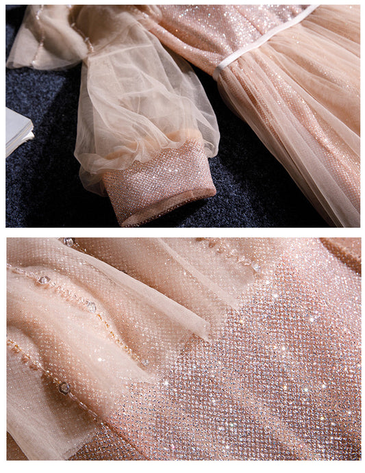 Pink tulle sequins long prom dress  8348