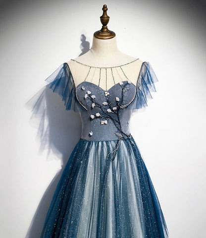Blue tulle sequins long prom dress blue evening dress  10228