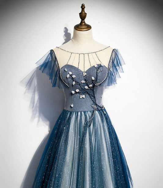 Blue tulle sequins long prom dress blue evening dress  10228