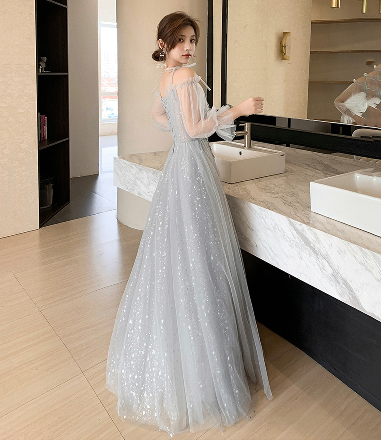 Gray tulle lace long prom dress evening dress  8945