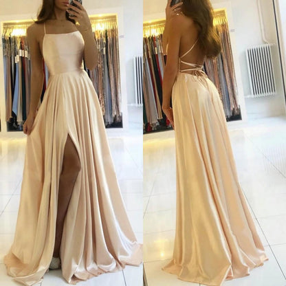 Simple A Line Long Prom Dresses With Slit, Backless Evening Dress GP296