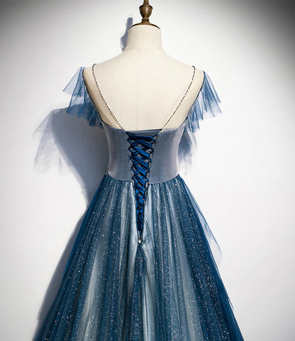 Blue tulle sequins long prom dress blue evening dress  10228