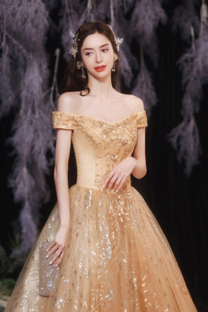 Gold tulle sequins long A line prom dress evening dress  8861